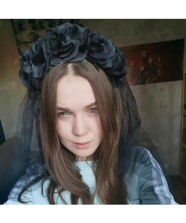Day of The Dead Floral Crown Headband Halloween Gothic Flower Garland with Black Veil Hairband Cosplay Wedding Costume Rose Flower Headpiece for Women - Buy Online on GoSupps.com