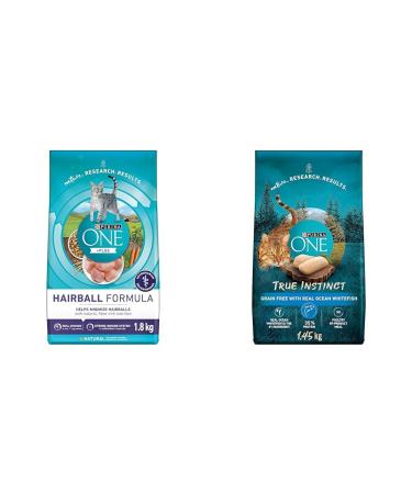 Purina ONE +Plus Dry Cat Food Hairball Formula Chicken - 1.8 kg Bag & True Instinct Grain Free Dry Cat Food High Protein Ocean Whitefish - 1.45 kg Bag