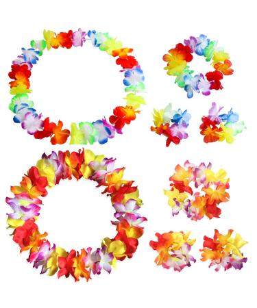 Hawaiian Leis Luau Tropical Headband Flower Crown Wreath Headpiece Wristbands Women Thicker Necklace Bracelets Hair Band For Summer Beach Vacation Pool Party Decorations Favors Supplies Set Color Color + Colorful