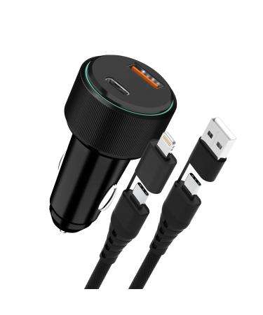  Apple MFi Certified iPhone Fast Car Charger 48W PD/QC3.0 Dual Port Power Delivery Car Adapter Car Fast Charger with 4 in 1 USB A/USB C to USB C/Lightning Cable for iPhone/iPad/Airpods/Samsung