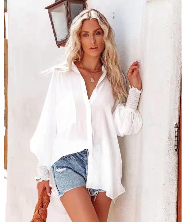 NLBZYDHFC Women's Long Puff Sleeve V-Neck Striped Button Down Shirt - Pure White, XL - Buy Online on GoSupps.com
