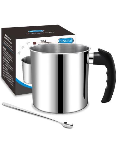 Candle Making Pouring Pot, DINGPAI 44oz Double Boiler Wax Melting Pot, 1pc Spoon, 304 Stainless Steel Candle Making Pitcher, Silver Color with Heat-Resistant Handle and Dripless Pouring Spout Design