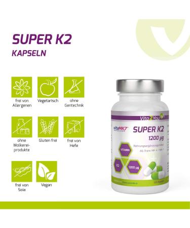 Vita2you Super K2 1200 g Vitamin K2 - Original Vitamk7 - High-Dose MK-7 & MK-4 (99% All Trans) - 120 Premium Quality Capsules - International Shipping Available - Buy Online on GoSupps.com