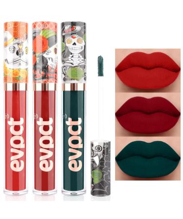 evpct 3Pcs Dark Ruby Red Green Matte Liquid Lipsticks Matte Lip Gloss Stain Makeup Sets Smudge Proof Skull Face 24 Hour Long Lasting Liquid Matte Lipstick Waterproof labial mate larga duracion 24 H02 3 Count (Pack of 1) ...