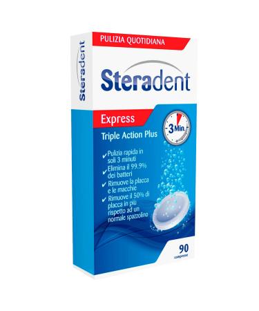 Lot de 90 compresses Steradent Express Effervescents Triple Action Plus pour le nettoyage de la dent Sensation de fra cheur