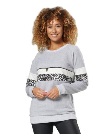 Zeta Ville Women's Maternity Nursing Zipped Sweatshirt Striped Jumper 1110 14 Light Grey Melange & Panther