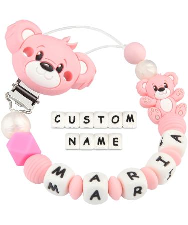 Kowlone Pacifier Chain with Name Boys Girls Personalized Teddy Bear Pacifier Clips Holder (Pink) A: Teddy Bear Pink
