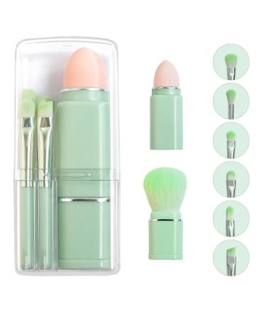 Travel Small Makeup Brush Portable - Travel Lip Brush, Eyeshadow Brush, Beauty Sponge, Concealer brush, Foundation Blending Powder Brushes Retractable Makeup Brush Set of 8 Green