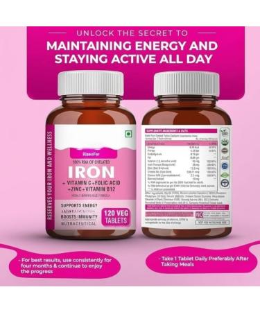 Chelated Iron + Vitamin C Tablets - 120 Veg Tablets with Vitamin B12 Zinc Folic Acid Beetroot Extract - High Absorption Energy & Immunity 100% RDA - Buy Online on GoSupps.com