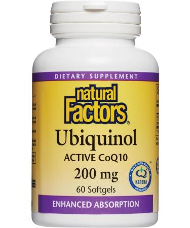 Natural Factors Ubiquinol Active CoQ10 200 mg High-Absorption Coenzyme Q10 Supplement for Energy Heart and Cognitive Support 100mg 60 Softgels