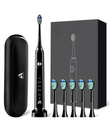 JTF Electric Toothbrush for Adults Teens, Sonic Toothbrushes Set with 6 Brush Heads and a Travel Case, 12 Hours Charge for 60 Days, Built in 2 Minutes Smart Timer and 5 Brushing Modes, Black