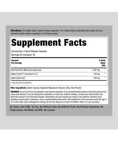 Piping Rock CoQ10 with Red Yeast Rice - 100 Capsules | Alpha Lipoic Acid | Non-GMO & Gluten Free Supplement - International Shipping Available - Buy Online on GoSupps.com