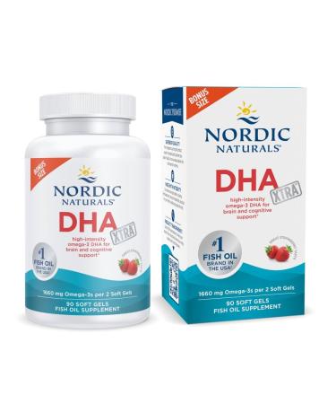 Nordic Naturals DHA Xtra Strawberry - 90 Soft Gels - 1660 mg Omega-3 - High-Intensity DHA Formula for Brain & Nervous System Support - Non-GMO - 45 Servings Strawberry 90 Count (Pack of 1)