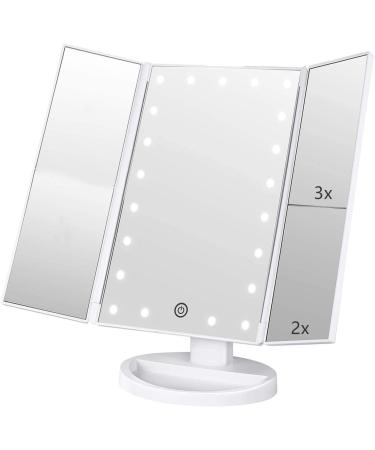 Infitrans 3 Folds Lighted Vanity Makeup Mirror,1X/2X/3X Magnification, 21 LED Bright Table Mirror with Touch Screen,180 Adjustable Rotation,Portable Travel Cosmetic Mirror White