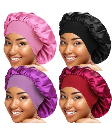 4 Pieces Wide Band Satin Cap Sleep Bonnet Soft Night Sleep Hat for Women One Size Pink+Purple+Wine red+Black