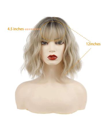 MISSQUEEN Short Ombre Blonde Wavy Bob Wig with Bangs - Synthetic Curly Pastel Bob for Women, Colorful Cosplay Omber Blonde - Buy Online on GoSupps.com