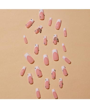 French Tip Press-On Nails | Medium Long Square Fake Nails | White Pink Bare Ballerina | Rhinestone Butterfly for Weddings & Birthdays - Buy Online on GoSupps.com