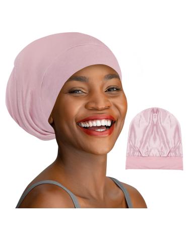 iCooBreeze Mulberry Silk Lined Sleep Cap Bonnet for Curly Hair Stay On Hair Wrap Adjustable Strap for Women Men Pink