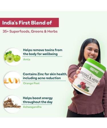 Oziva Superfood Greens & Herbs Powder | 8.8 oz (250 gm) | Chlorella, Curcumin, Spirulina, Maca, Moringa | Cleanse, Detox, Energy | Vegan & Keto Friendly - Buy Online on GoSupps.com