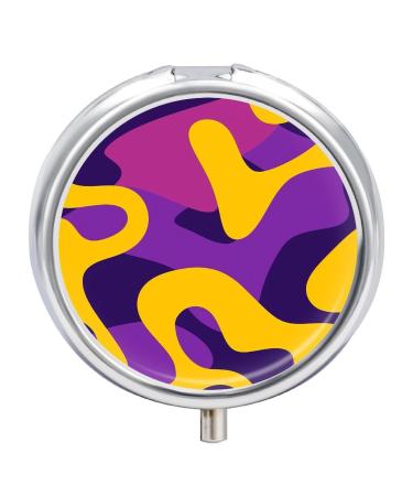 Pill Box Pill Case 3 Compartment Travel Pill Box Yellow and Purple Pattern Printing Small Pill Box Portable Medicine Pill Case Pill Organizer for Purse & Pocket for Travel Handbag (Round)