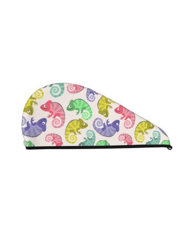 Hair Towel Wrap Hair Drying Towel with Button Towel Turban Head Towel to Dry Hair Quickly (Cute Chameleons)