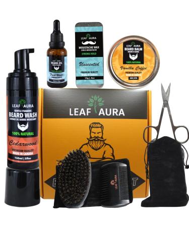 Leaf Aura Beard Care Kit- Comes With Beard Wash Beard Oil Beard Balm Moustache Wax Boar Bristle Brush Comb with Stainless steel Scissors- Ultimate Gift For Men multiple colors