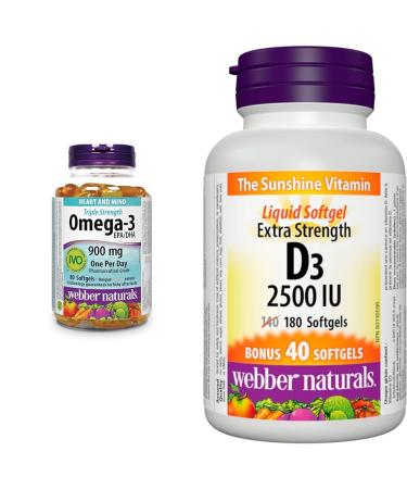 Webber Naturals Omega-3 900 mg Triple Strength & Vitamin D3 2500 IU Extra Strength 180 Softgels For Healthy Bones Teeth and Helps Prevent Vitamin D Deficiency 80 Omega + Vitamin D3 2500 IU