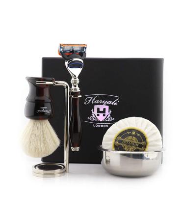 Haryali London 5 Piece Men's Grooming Kit with 5 Pure White Badger Hair Razor Blades Brush Stand Soap and Bowl