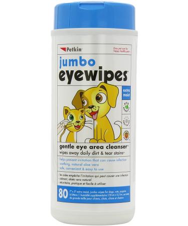 Petkin Jumbo Pet Eye Wipes, 80 Extra Moist Wipes - Natural Formula Gently Removes Dirt, Discharge, & Tear Stains - Safe, Convenient, & Easy to Use Pet Wipes for Dogs, Cats, Puppies & Kittens 1 Pack - 80 wipes