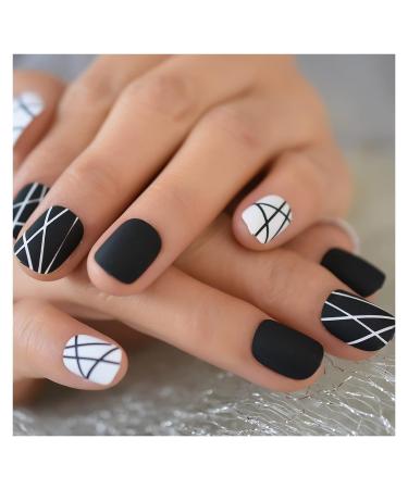 Zhi Zhi Short Round Fake Nails Black And White Lines | Professional Nail Art for Students & Office Ladies - L5656 - Buy Online on GoSupps.com