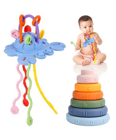 Tameler Montessori Toys for 1 Year Old Teething Teether Toys for Babies 3-6-12 Months Silicone Pull String Activity Travel Toys & Stacking Rings for Toddlers 1-3 Sensory Toys for Autistic Children Blue