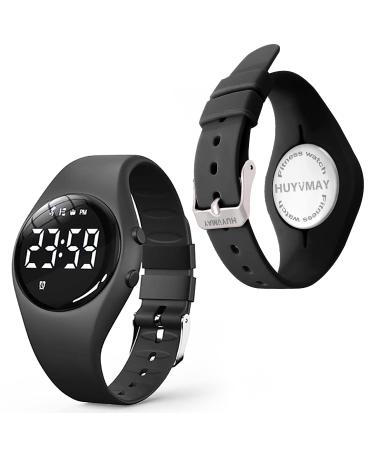 HUYVMAY Fitness Pedometer Watch No App No Phone Required, 20 Days Battery Life Rechargeable Watch,IP68 Waterproof LED Digital Watch with Alarm Clock Timer Steps Distance Calories for Women & Kids Black