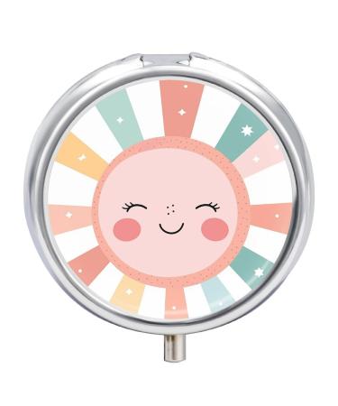 Pill Box Pill Case 3 Compartment Travel Pill Box Sun with Rays Printing Small Pill Box Portable Medicine Pill Case Pill Organizer for Purse & Pocket for Travel Handbag (Round)