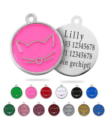 Ibera Gifts - Personalized cat brand for medium to large cats in round shape with cat with engraving name collar brand address trailer cat necklace (pink)
