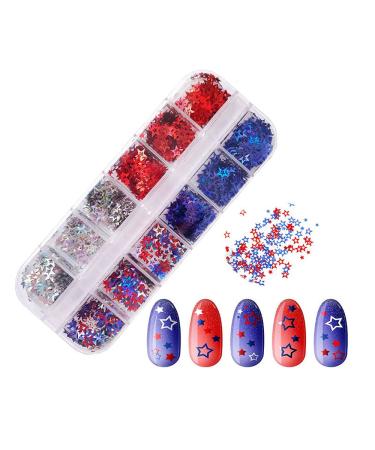 July 4th Independence Day Nail Art Glitter Sequins Decals Decoration 12 Grid Nail Art Star Sequins Holographic 3 Colors Red Blue Sliver Design Nail Stickers for Nail Supply