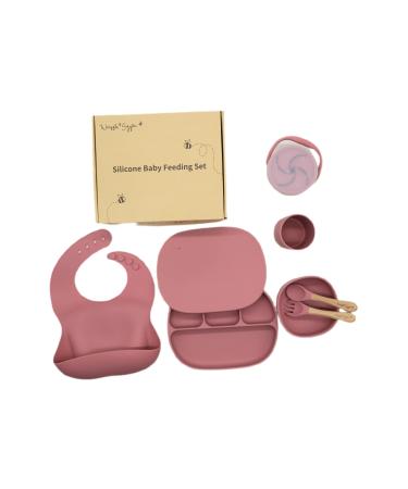 Wriggle & Giggle Baby Silicone Feeding Set | Plate with lid Bowl bib Spoon Fork Cup Snack Cup | Weaning Set for Babies Toddler Boys Girls | Silicone and Wood Materials (Dark Pink)