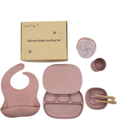 Baby Weaning Set | Toddler Feeding Set with Silicone and Wood | Plate, Cup, Bowl, Spoon, Fork, Snack Cup, Lid | for Boys and Girls (Rose Pink) - Buy Online on GoSupps.com