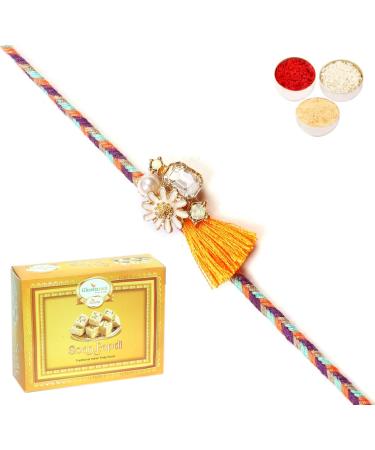 Ghasitaram Gifts Rakhi for Brother Rakhis Online - RM-652 Premium Rakhi with 400 GMS of Soan Papdi