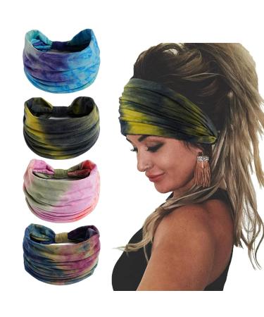 Gangel Boho Headbands Tie Dye Fabric Turban Head Wraps Wide Hair Scarf Yoga Running Hair Accessories for Women and Girls(Pack of 4) (Tie dye)