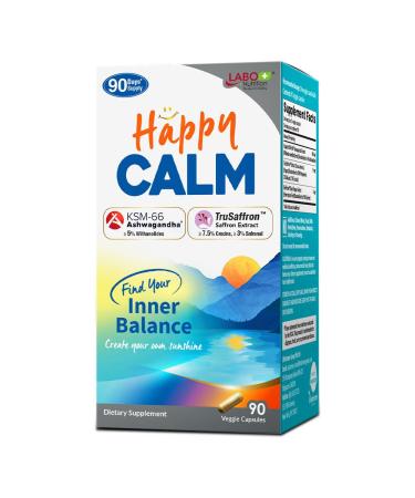 LABO Nutrition Happy Calm with KSM-66 Ashwagandha 5% Withanolides Saffron Extract and Black Pepper Extract for Stress Relief Energy Quality Sleep & Relaxation Non GMO 90 Veggie Capsules