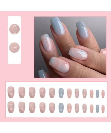 Justotry 24 Pieces Pink Coffin Nails - Sky Blue French Press On Ballerina Fake Nails for Nail Art - Beautiful Artificial Fingernails for Women - Buy Online on GoSupps.com