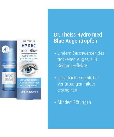 Dr. Theiss Hydro Med Blue Eye Drops | Hyaluronic Acid for Dry Eyes | Intensifies Eye Whiteness | Reduces Redness | Preservative-Free Eye Relief - Buy Online on GoSupps.com