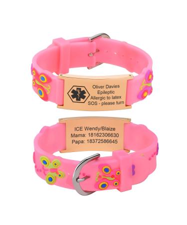 Kids Bracelet Safety ID Wristbands - Cusromised Outdoor Anti-Lost Wristband with Silicone Cartoon Pattern Personalised Medical Alert Bracelets with Emergency Contact Information For Child Boys Girls Pink Rose Gold-butterfly-medical