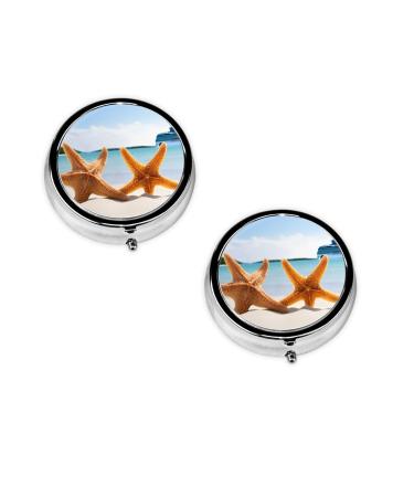 (Cute Starfish) Round Pill Box 3 Compartment Pill Box Mini Decorative Pocket Purse Portable Travel Medicine Tablet Vitamin Holder Organizer Pill Case