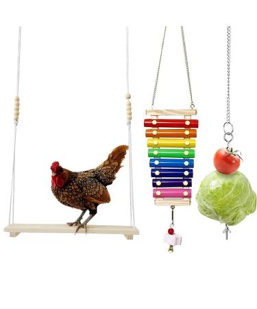 3 Packs Chicken Toys for Coop, Including Chicken Swing, Xylophone, Vegetable Hanging Feeder for Hens, for Chicken Medium Large Bird Parrot Training New