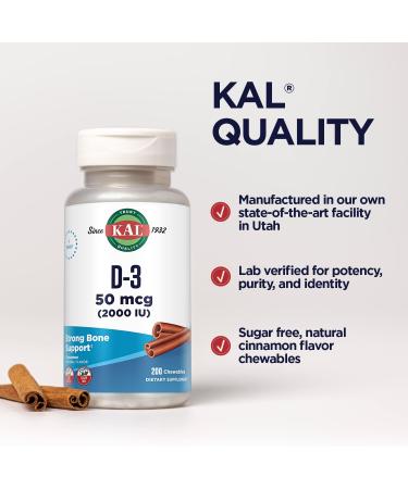 KAL Vitamin D3 Chewables 2000 IU - Sugar Free Cinnamon Flavor - Immune Support & Bone Health - 200 Servings - Buy Online on GoSupps.com