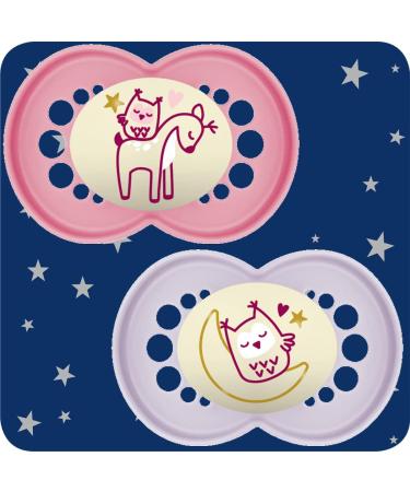 MAM Original Pure Night Soother 16+ Months (Set of 2) SkinSoft Silicone Teat, Glow in the Dark, Sustainable and Bio-Renewable, Pink/Purple (Designs Vary) - Buy Online on GoSupps.com