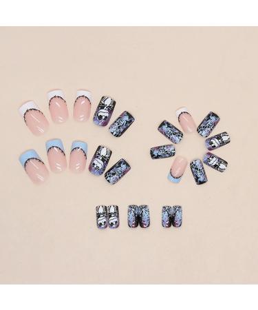 Shop Halloween Press On Nails - Medium Square French Fake Nails with White Spider Web | 24 Pcs Glossy Acrylic Nails for Women & Girls - Perfect for Nightmare Before Christmas - Buy Online on GoSupps.com