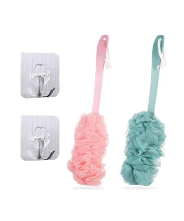 TSHAOUN 2 Pieces Long Handle Bath Brush Shower Body Brushes with Bath Net Sponge Soft Mesh Back Brush Scrubber Shower Loofah for Men and Women Exfoliating and Removing Dead Skin (Blue and Pink) Black and Grey