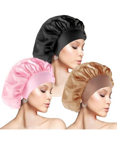 Hair Bonnet for Sleeping Wide Band Satin Bonnet 3 Pcs Silk Bonnet Night Sleep Cap Silk Bonnet for Women Girls Hat Elastic Hat Hair Bonnet for Night Sleep Curly Hair Protection(Diameter 12 In)